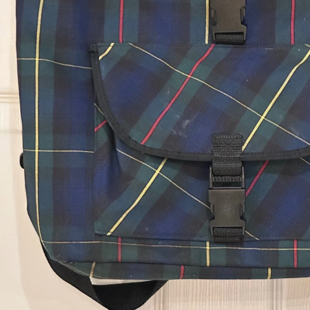 Vintage Plaid Backpack Navy Green Tartan School Bag Buckle Closure Large